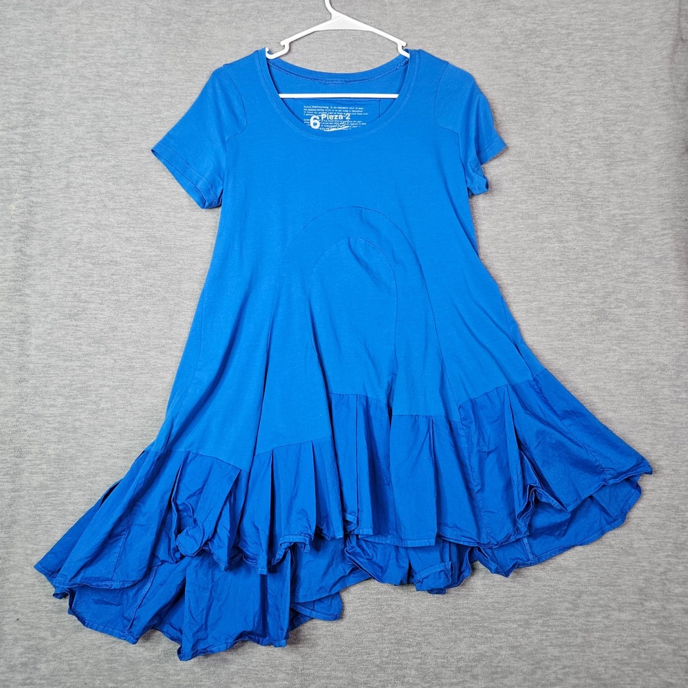 Rundholz Blue Ruffle Hem Asymmetrical Dress Women's S Short Sleeve Cotton